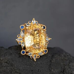 NEW Vintage Style Citrine Blue Sapphire Gold 18k Ring